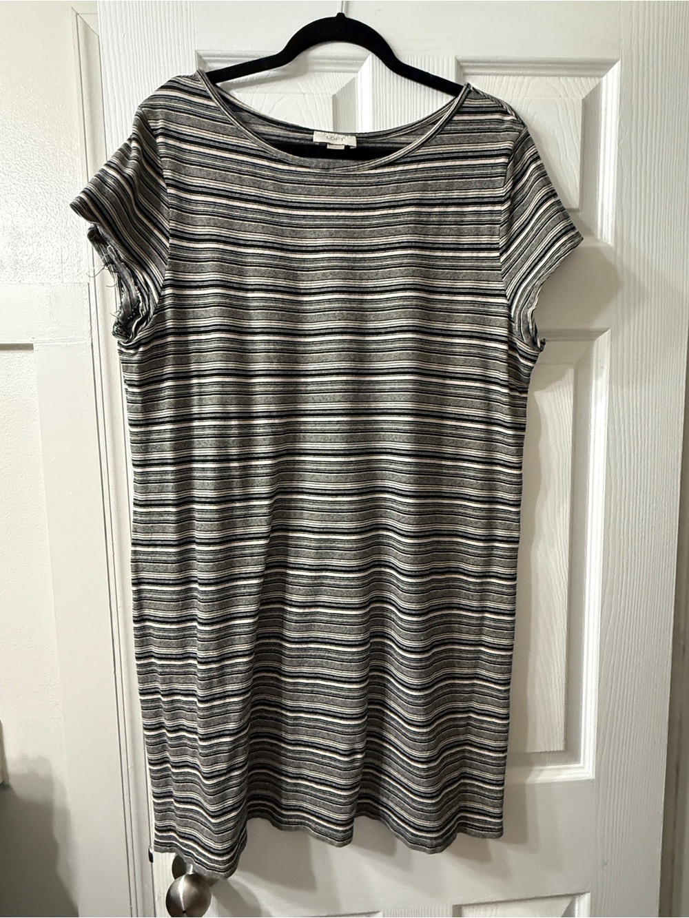 LOFT Gray & White Striped Short Sleeve Shift Dress